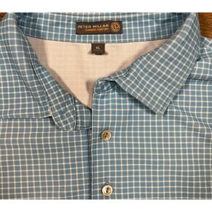 Peter Millar Men's Summer Comfort Polo Golf Shirt‎ Blue All Over Plaid Men's XL